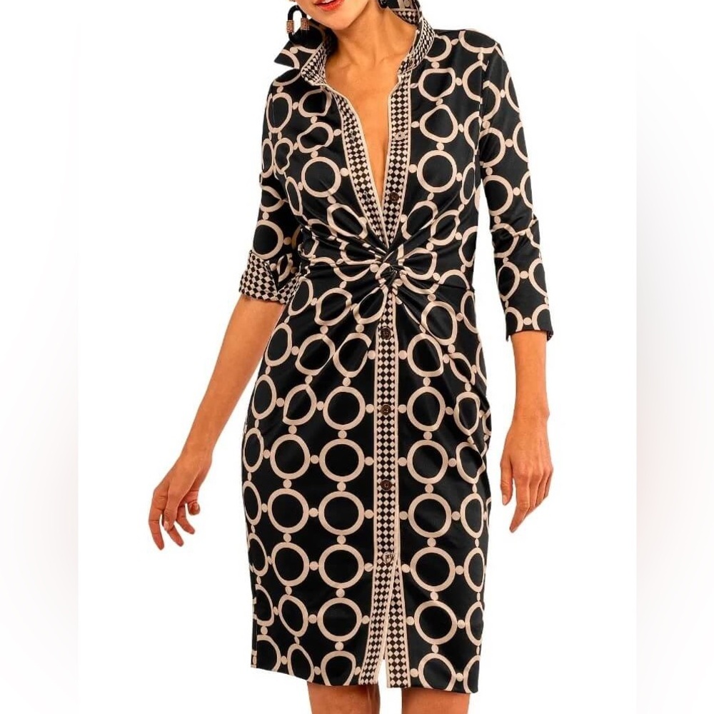 Gretchen Scott Designs Black and Cream Geometric Midi Dress